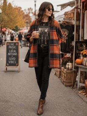 Andersen & Lauth Plaid Cape Jacket One Size Orange Navy Wool Blend Cocoon Coat